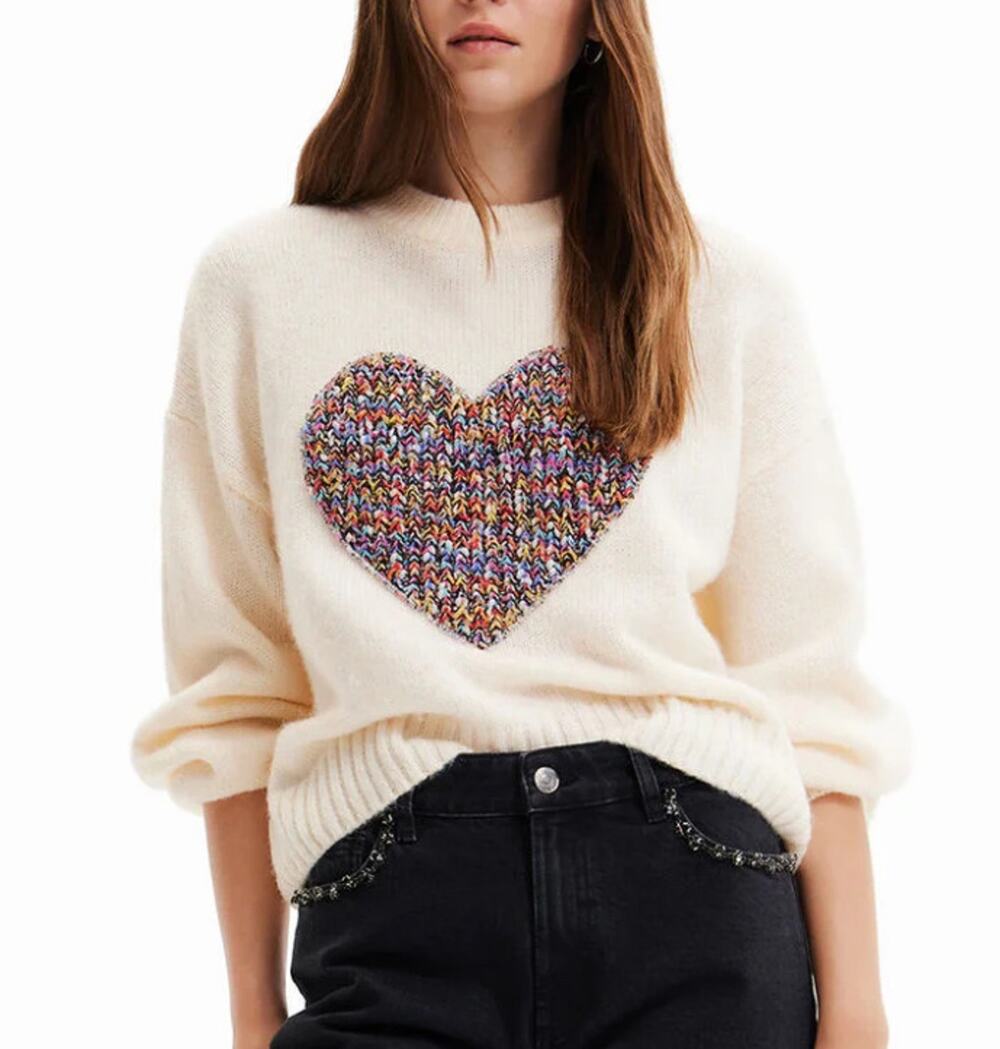 Desigual Oversize Heart Pullover Sweater Women’s S Cream Boho Valentine Cozy